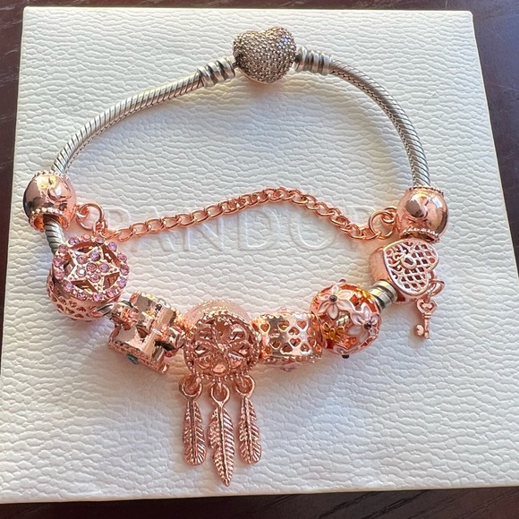 Pandora Rose Gold Pave Heart Clasp Bracelet with Fantasy Rose Gold Theme Charms - Picture 1 of 11